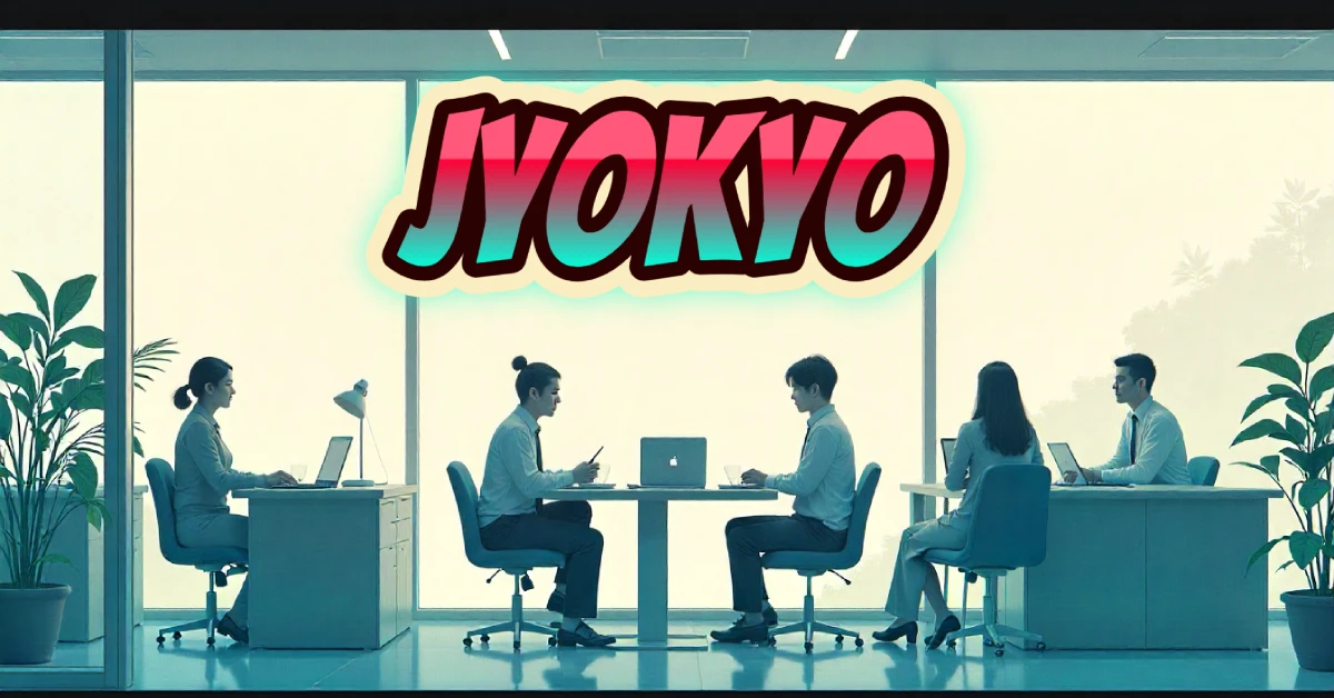 A modern Japanese office where professionals work quietly and attentively, capturing the essence of jyokyo—situational awareness—in a serene, minimalist setting. The word "JYOKYO" is boldly displayed above.