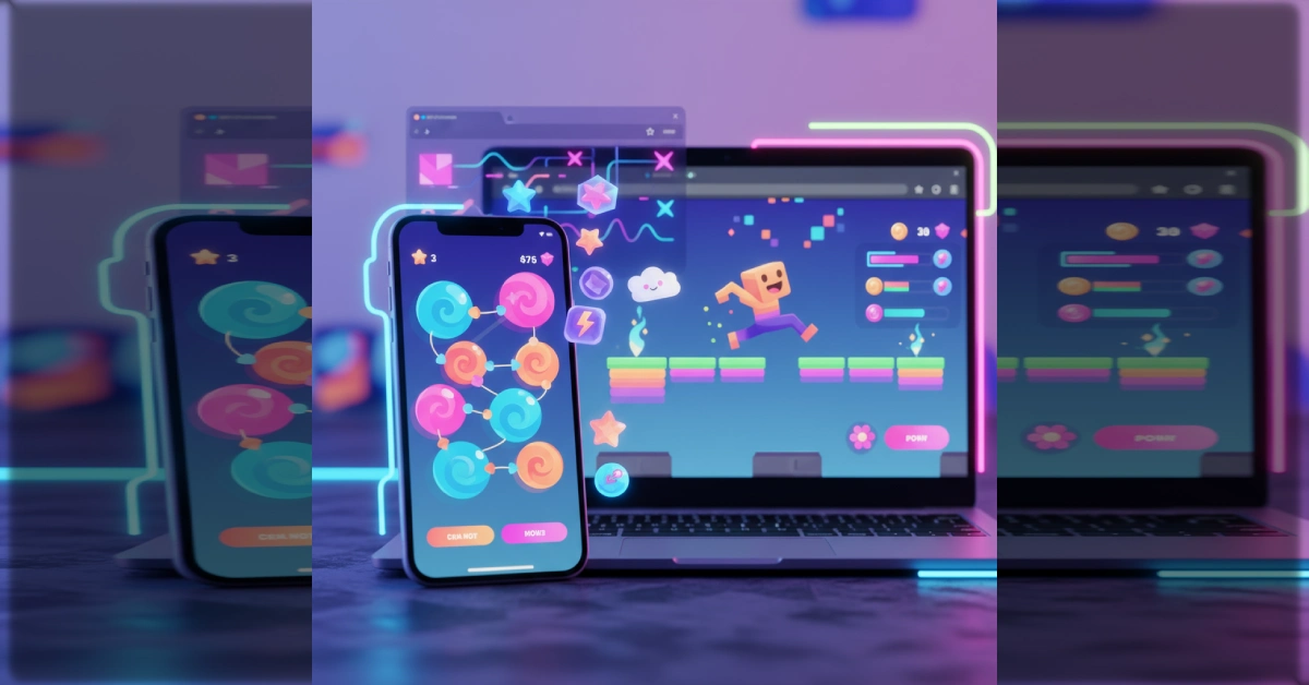 Mopoga browser gaming platform showing colorful puzzle games on smartphone and laptop screens