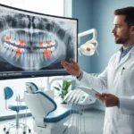 Dentist analyzing AI-enhanced dental X-ray on monitor showing Nerovet AI Dental detection of cavities and bone structure with color-coded highlights
