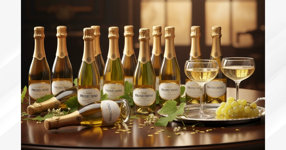 prosecchini bottles displayed with glasses and grapes on elegant table