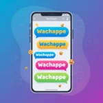 Colorful smartphone illustration showing vibrant chat bubbles with the word 'wachappe' and emojis in a messaging app interface on a gradient background.