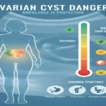 Color-coded ovarian cyst size chart showing danger levels from harmless to dangerous, with common symptoms including bloating, pelvic pain, abnormal bleeding, and fatigue - visual guide for what size of ovarian cyst is dangerous