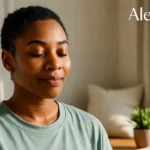 Woman practicing Alevemente mindfulness with eyes closed, sitting peacefully in a bright minimalist room with natural light, potted plant, and calm neutral décor representing gentle wellness and intentional living.
