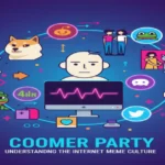 Coomer Party meme illustration showing Wojak character at computer surrounded by internet culture icons including Pepe, Doge, social media symbols, and meme references on blue gradient background
