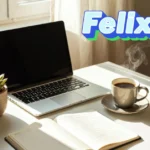 Felixing workspace with laptop, coffee, succulent plant, and open journal on white desk with natural sunlight