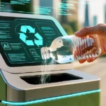 MataRecycler smart recycling bin with AI display and person depositing plastic bottle