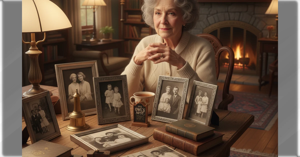 A thoughtful elderly woman with short gray hair sits at a table, surrounded by vintage family photos and classic books, evoking the story of Patricia Capone.
