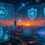 Futuristic city skyline at dusk with holographic overlays of AI circuits, cybersecurity shields, quantum wave patterns, and orbiting satellites, illustrating betechit.com tech news on emerging technologies.