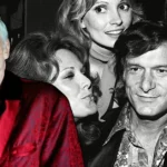 Vintage collage of Hugh Hefner in red velvet jacket surrounded by glamorous women at a Playboy party, capturing his iconic 1970s lifestyle and cultural influence.