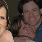 Patricia Carrey Fournier smiling portrait with Jim Carrey and family member in background photo showing close Carrey family bond