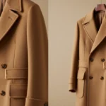 Classic camel polo coat fashionbeans double-breasted design with Ulster collar, patch pockets, and belt detail on neutral background