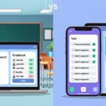 Samigo app comparison showing SAMigo online test interface on laptop versus modern Samigo productivity app on smartphone and tablet