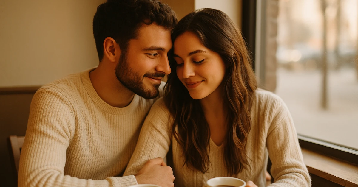 Man showing body language signs he loves you through close proximity, warm smile, and attentive gaze toward woman