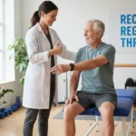 Critical ways physical therapy in action: therapist helping elderly patient with rehabilitation exercises in modern clinic