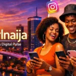 Lagos city at sunset with three young Nigerians smiling and using their phones, social media icons in the sky, and the darlnaija logo “Nigeria’s Digital Pulse”.