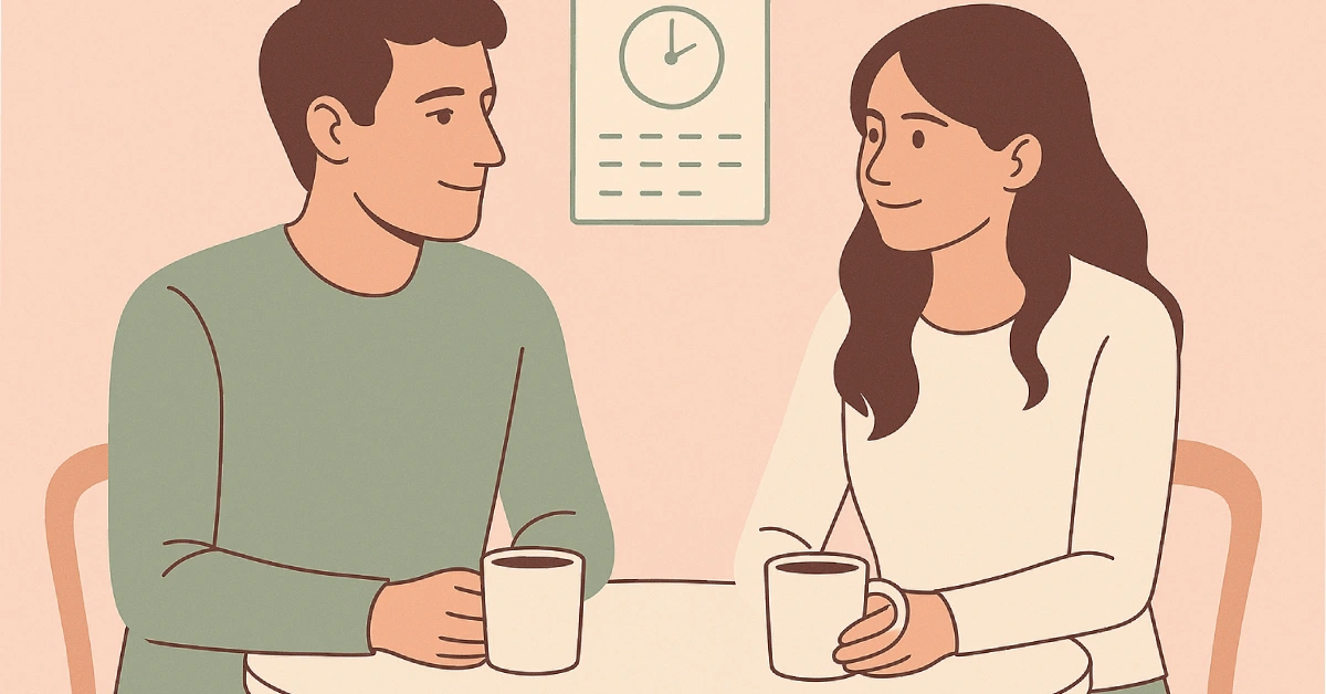 Young couple having coffee on a date with clock in background representing dating time between dates and relationship timing