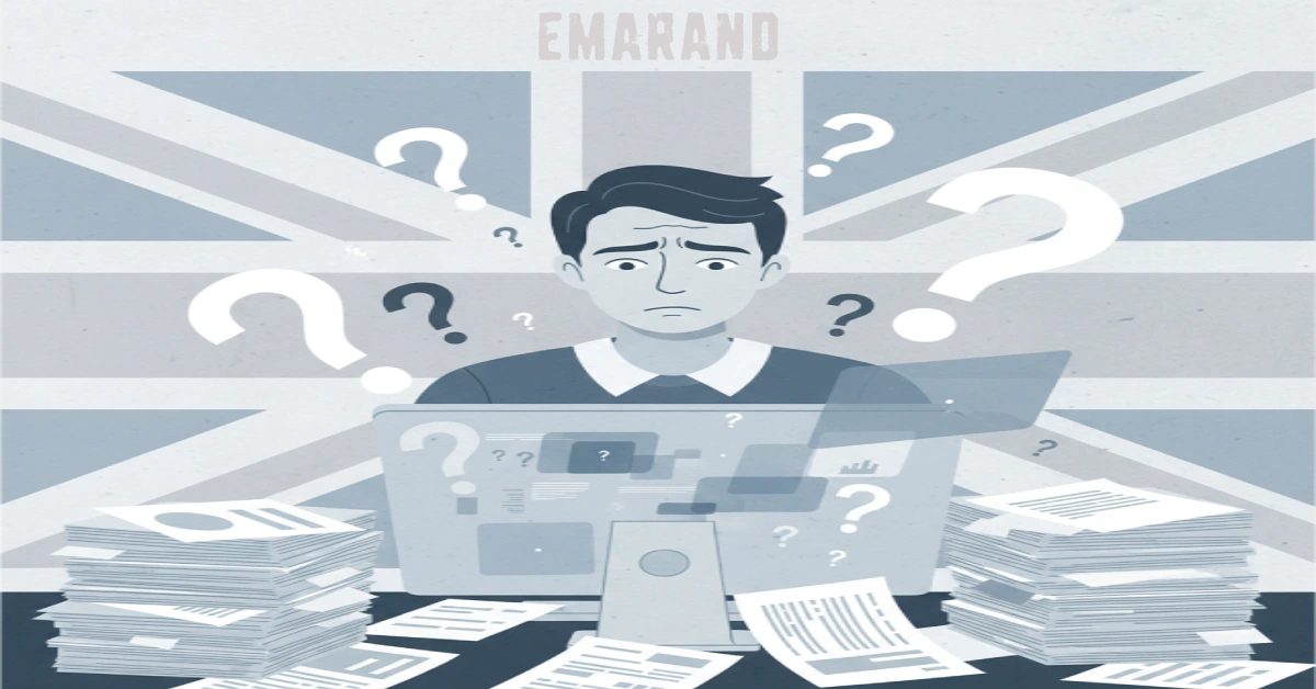 Confused person researching Emarand at computer with question marks, UK flag background, and stacked documents in minimalist blue-grey style