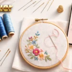 Fanquer embroidery supplies and content strategy setup featuring rainbow thread spools, embroidery hoop with floral stitching, and smartphone showing marketing checklist