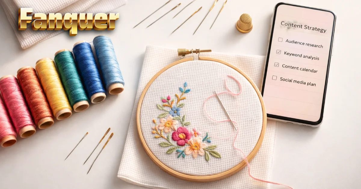 Fanquer embroidery supplies and content strategy setup featuring rainbow thread spools, embroidery hoop with floral stitching, and smartphone showing marketing checklist