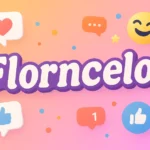 A colorful digital illustration featuring the word Florncelol in bold playful typography, surrounded by social media icons, emojis, and reaction bubbles.