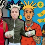 The Island Boys, Flyysoulja and Kodiyakredd, posing with cash stacks beside a cartoon version of themselves, representing island boys net worth.