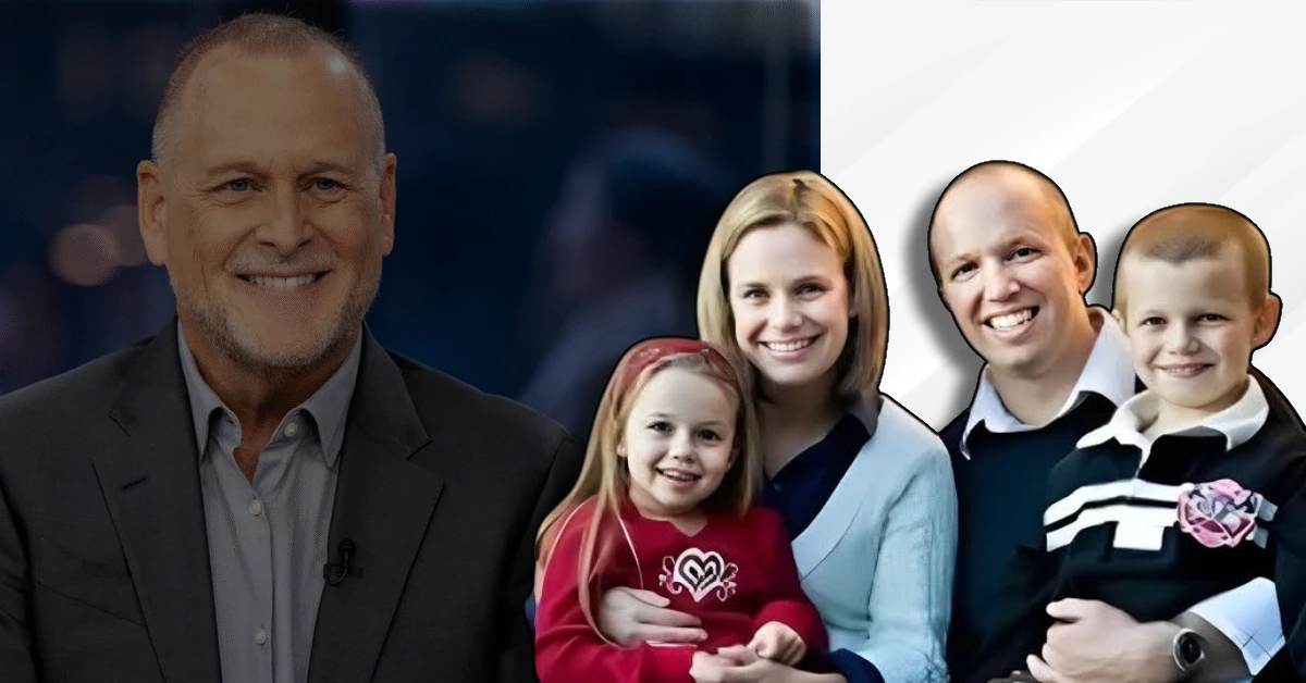 Jeremy Rytky in professional attire alongside a family photo showing a mother with three children
