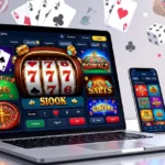 Laptop and smartphone showing kokobet casino slot games on screen with cards, roulette wheels, dice and sports icons in the background