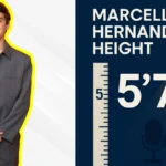 Marcello Hernandez height infographic showing the SNL comedian at 5'7" with measurement ruler and comedy microphone illustration