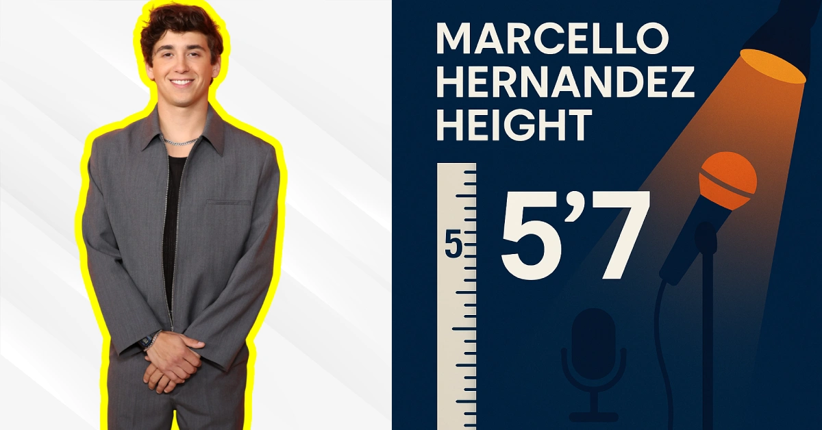 Marcello Hernandez height infographic showing the SNL comedian at 5'7" with measurement ruler and comedy microphone illustration