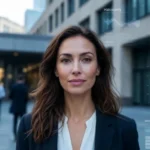 Professional woman representing Melanie from CraigScottCapital, standing thoughtfully in front of a New York financial building with overlays of stock charts and regulatory documents in blues and grays.