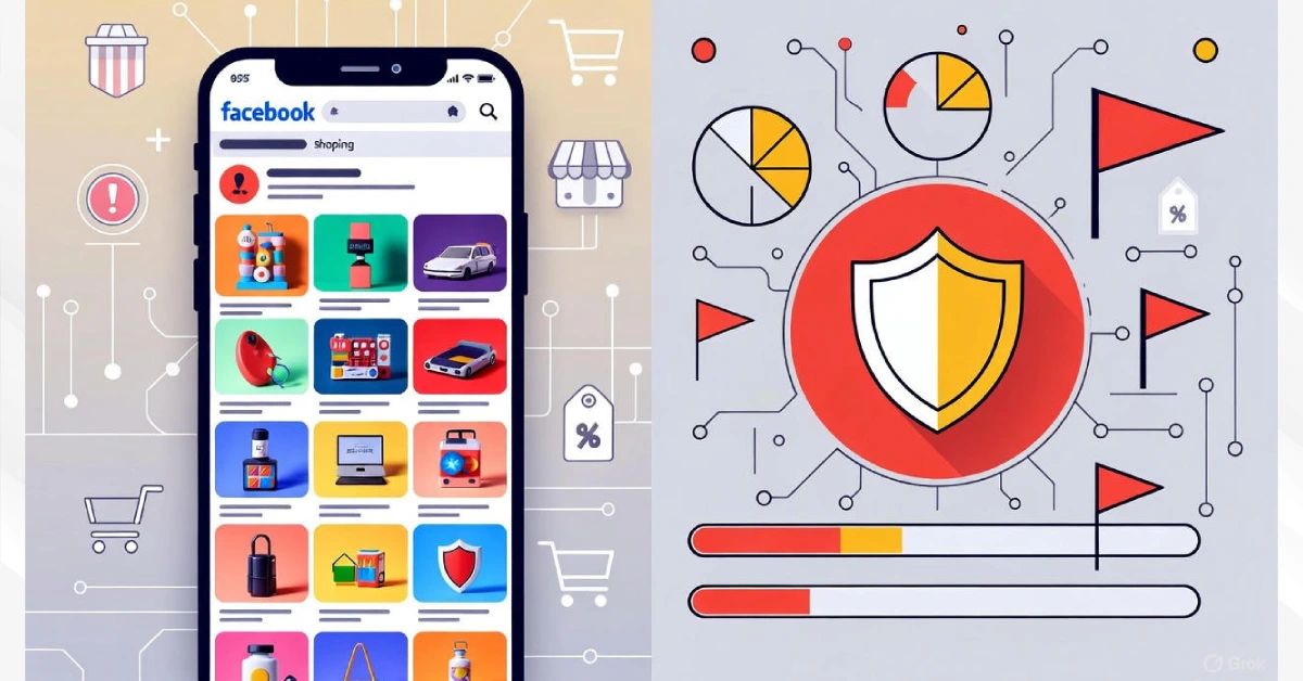 messagenal drop-shipping store warning with Facebook ads and low trust score indicators