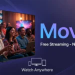 Movirz free streaming platform showing diverse audience watching movies on TV, tablet, and smartphone with gradient blue-purple branding and "Watch Anywhere" tagline