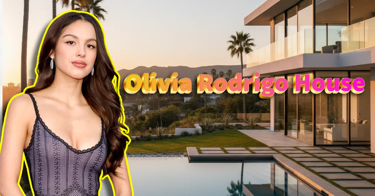Olivia Rodrigo house featuring modern LA mansion with pool, glass walls, and palm trees at sunset