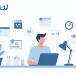 Pomutao951 workspace illustration showing freelancer using lightweight collaboration tool with version tags and digital organization elements