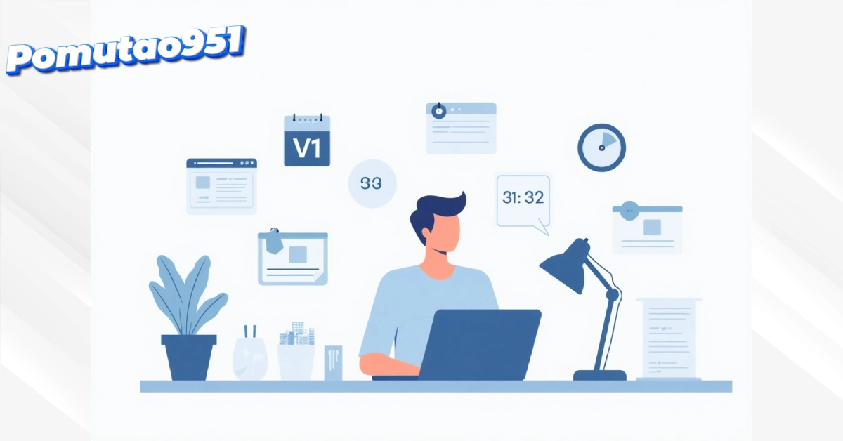 Pomutao951 workspace illustration showing freelancer using lightweight collaboration tool with version tags and digital organization elements