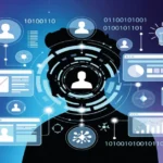 Resident Wiufamcta Jivbcqu digital identity concept with human silhouette surrounded by technology icons and data visualization