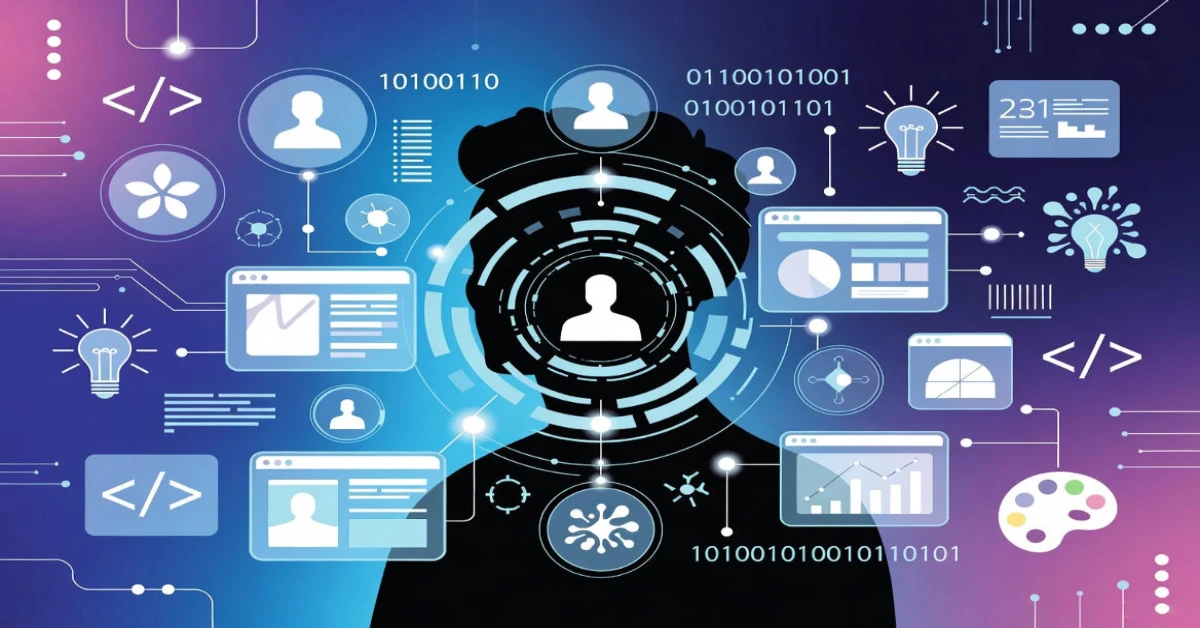 Resident Wiufamcta Jivbcqu digital identity concept with human silhouette surrounded by technology icons and data visualization