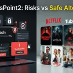 Split-screen illustration comparing SDMoviesPoint2 risks on the left with a dark laptop showing download warnings, viruses, locks, and pop-up ads, versus safe legal alternatives on the right with Netflix and Tubi apps and happy people enjoying movies.