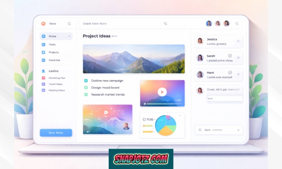 snapjotz com digital note-taking dashboard with multimedia notes and team collaboration interface