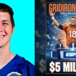 Tim Tebow net worth illustrated with Broncos jersey number 18 celebrating, ESPN analyst desk, and $5 million wealth display