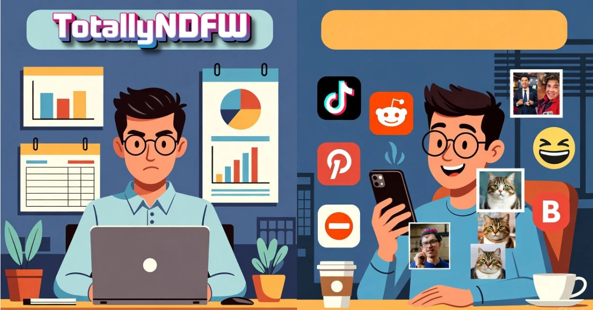 TotallyNDFW illustration showing person working on laptop versus enjoying social media memes and cat videos on phone with TikTok and Reddit icons