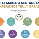 A colorful infographic titled ‘What Makes a Restaurant Experience Truly Great?’ showing icons and short labels for key elements like food quality, ambiance, service, attention to detail, value for money, and consistency, arranged around a central restaurant graphic.