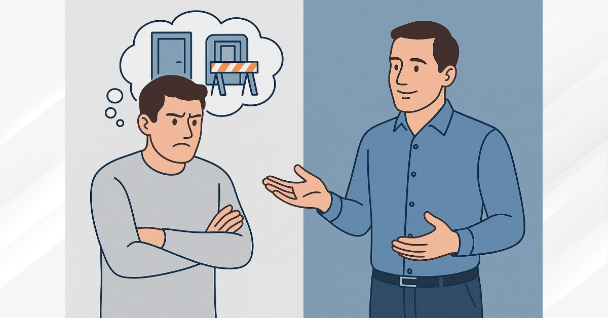 Illustration showing an immature man on the left with defensive body language and avoidance symbols, contrasted with a mature man communicating openly.