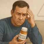 Worried middle‑aged man sitting on a couch, holding a prescription bottle labeled “Muscle Relaxers,” with a faint warning symbol in the background.