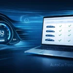 AutoCarTrends.com digital platform showing car comparison tool on laptop with futuristic vehicle dashboard display
