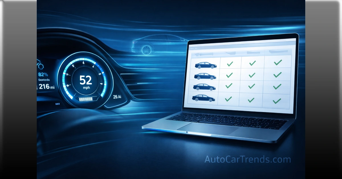 AutoCarTrends.com digital platform showing car comparison tool on laptop with futuristic vehicle dashboard display