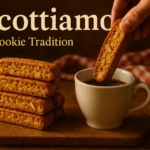 Hand dipping golden biscottiamo almond cookie into white coffee cup on wooden board with almonds and checkered cloth
