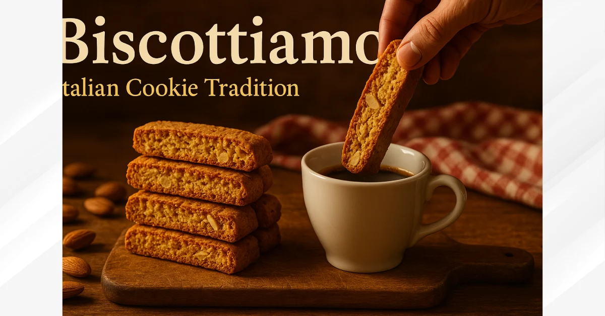 Hand dipping golden biscottiamo almond cookie into white coffee cup on wooden board with almonds and checkered cloth