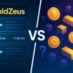 GoldZeus AI travel assistant vs cryptocurrency concept split screen comparison showing flight itinerary and gold blockchain tokens