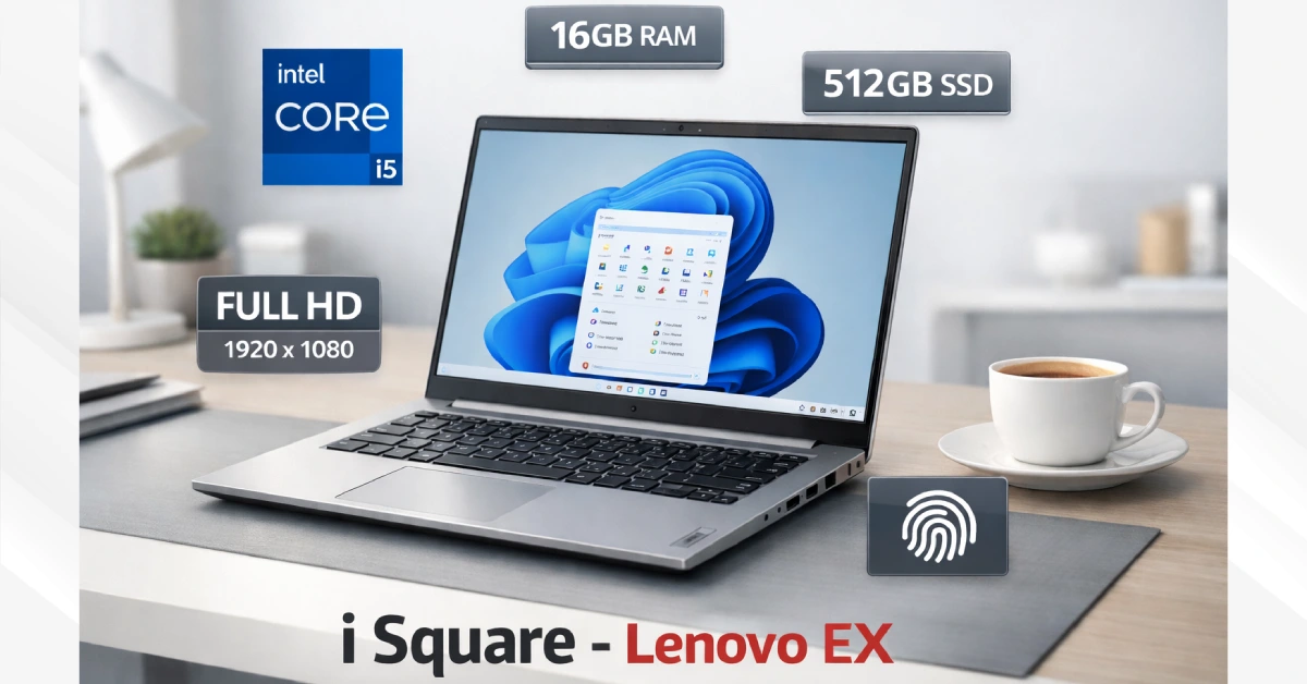 i square lenovo ex laptop showing Intel Core i5 processor, 16GB RAM, Full HD display, and fingerprint reader on desk